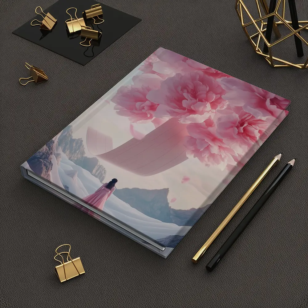 Woman in Pink Dress Giant Peonies Mountains – Notebooks