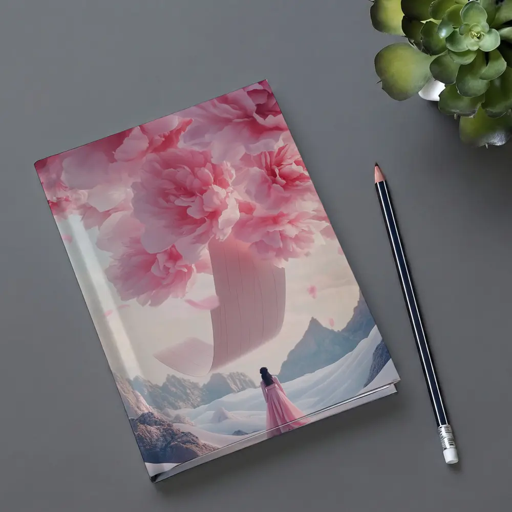 Woman in Pink Dress Giant Peonies Mountains – Notebooks