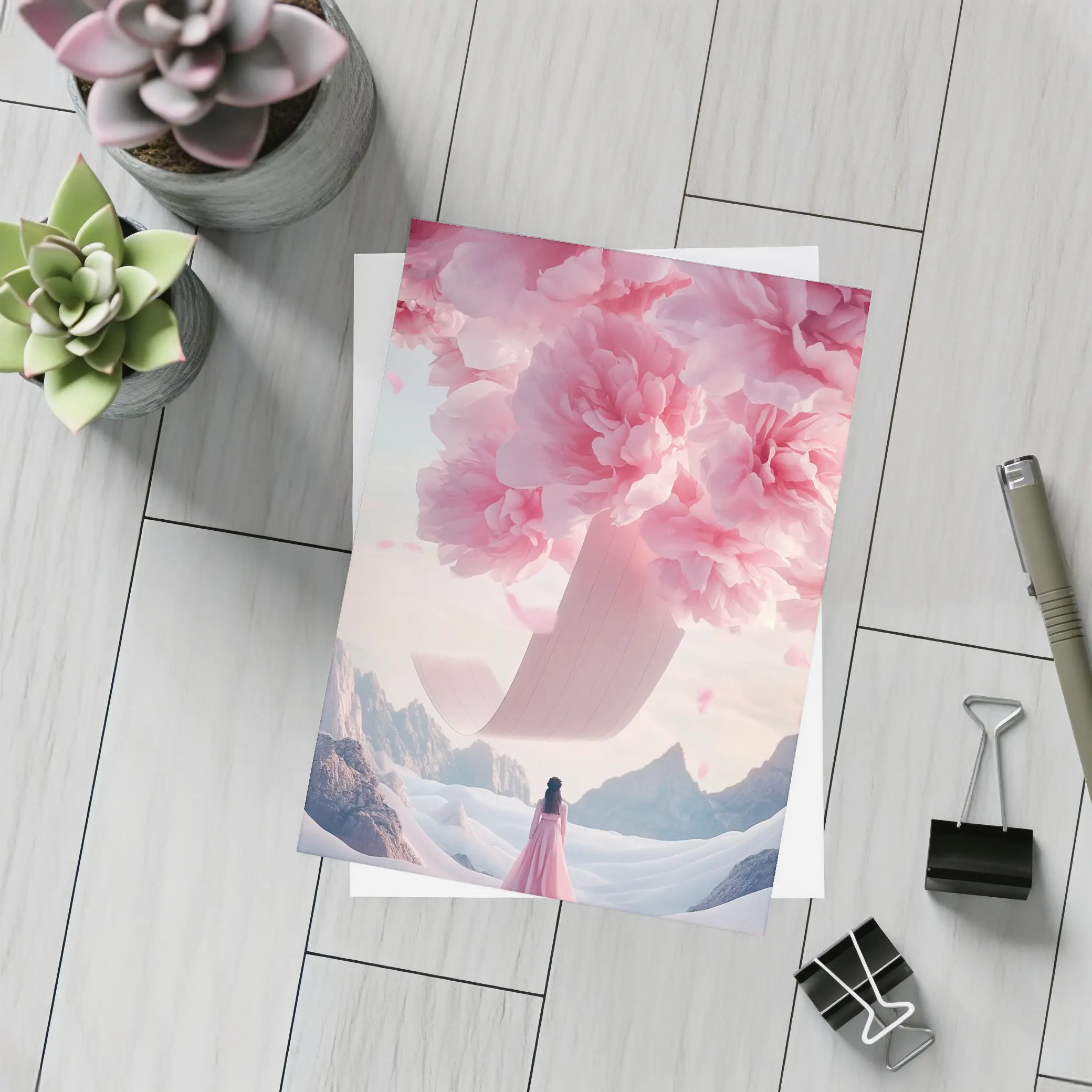 Woman in Pink Dress Giant Peonies Mountains – Postcards
