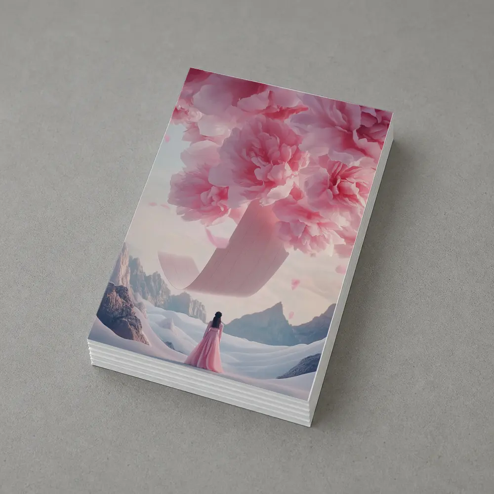 Woman in Pink Dress Giant Peonies Mountains – Postcards