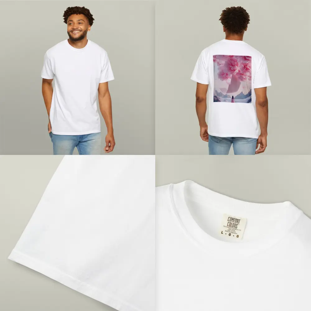 Woman in Pink Dress Giant Peonies Mountains – T-Shirts