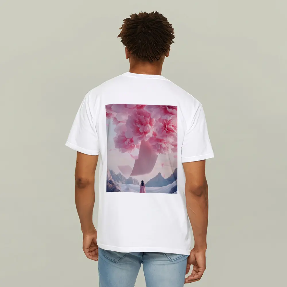 Woman in Pink Dress Giant Peonies Mountains – T-Shirts