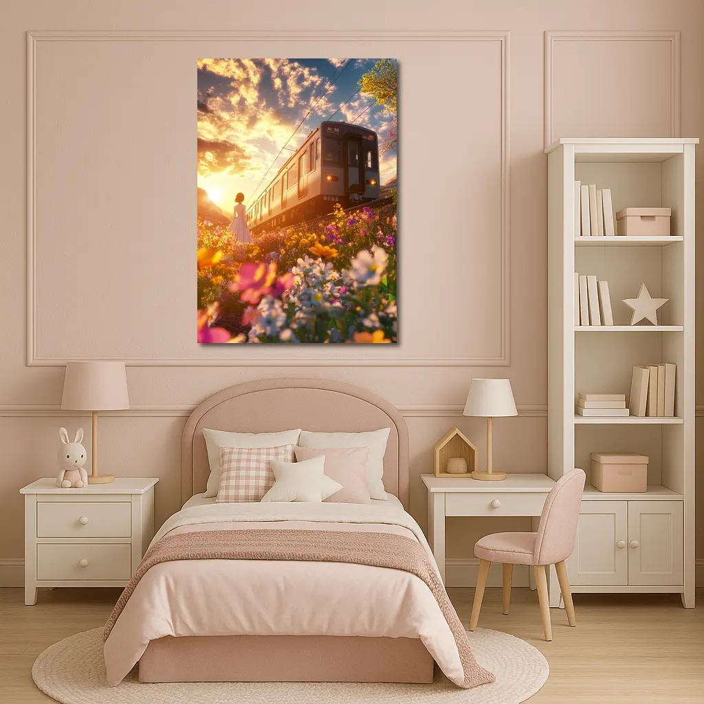 Anime Girl Train Sunset Wildflower Field – Wall Art