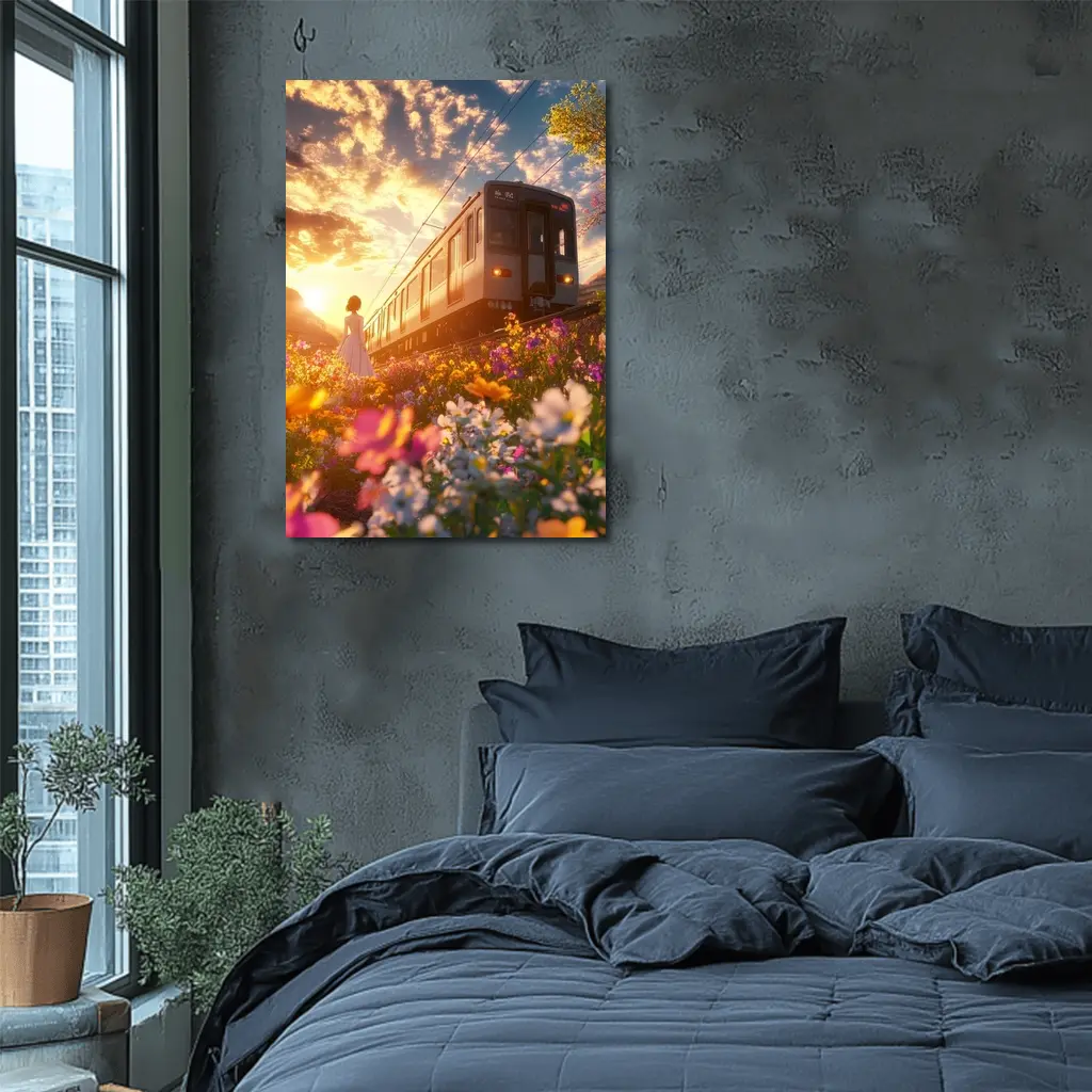 Anime Girl Train Sunset Wildflower Field – Wall Art