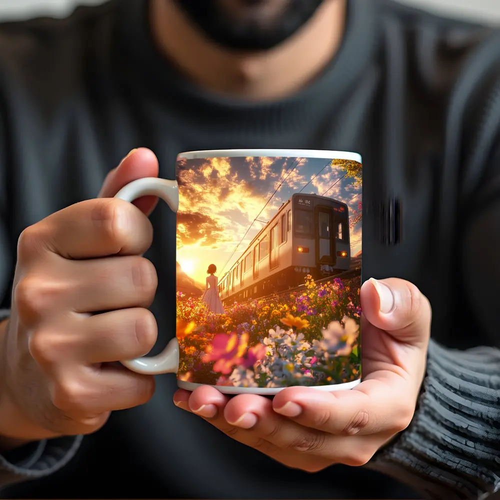 Anime Girl Train Sunset Wildflower Field – Mugs