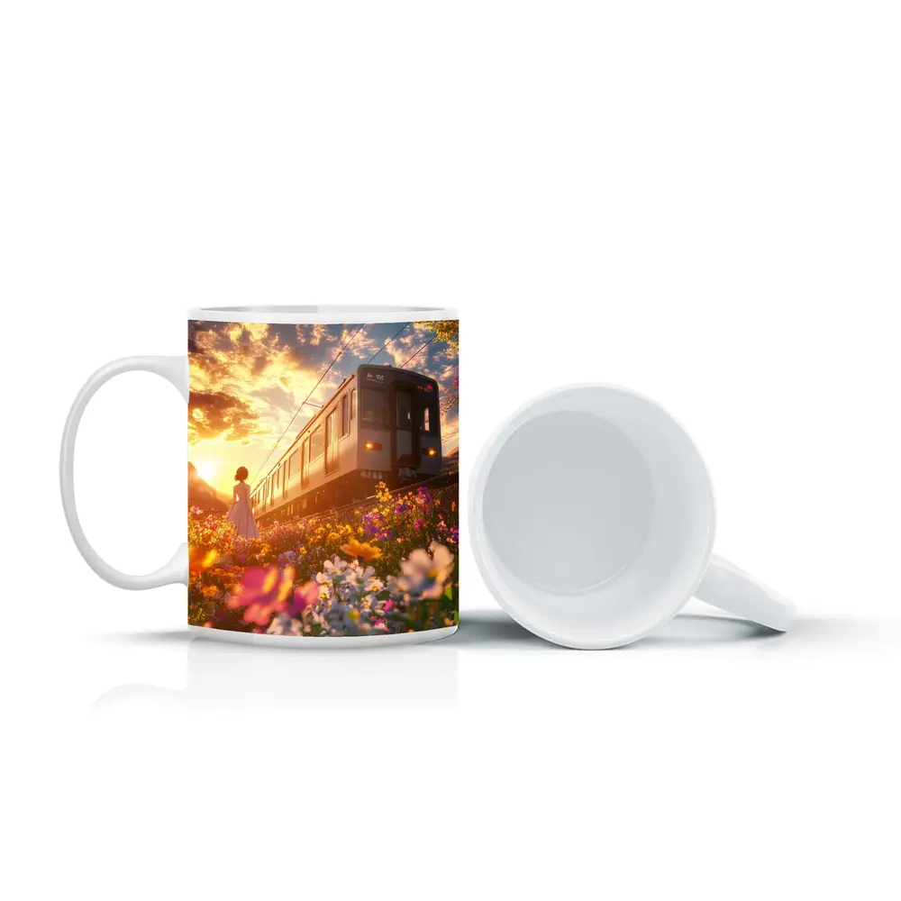 Anime Girl Train Sunset Wildflower Field – Mugs