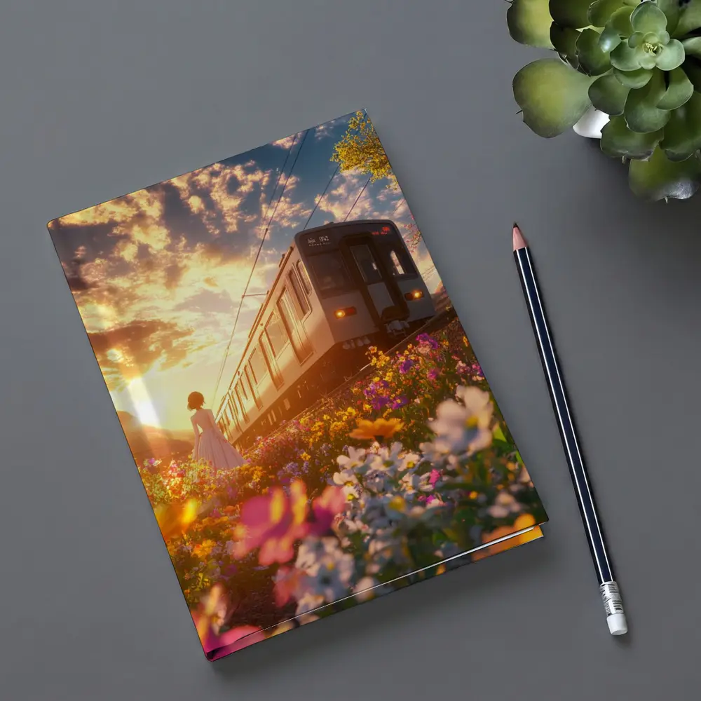 Anime Girl Train Sunset Wildflower Field – Notebooks