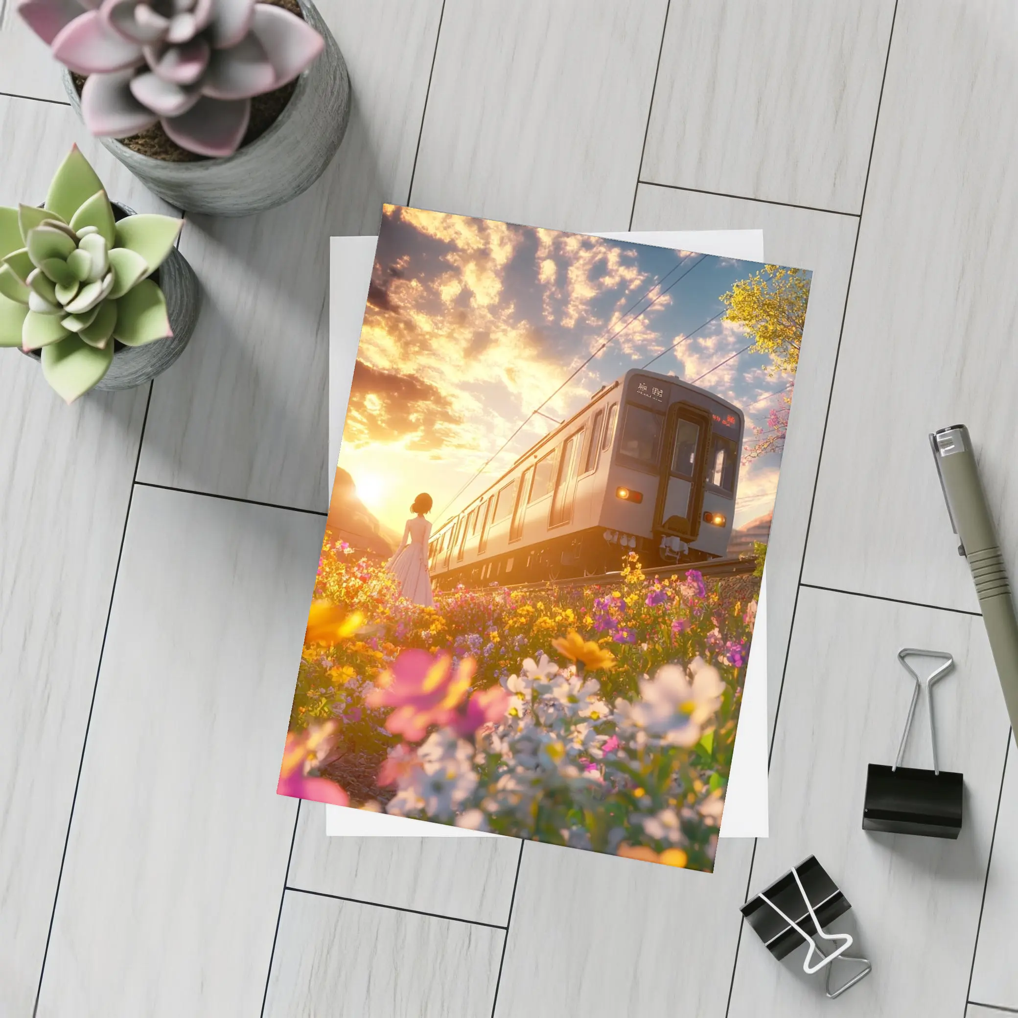 Anime Girl Train Sunset Wildflower Field – Postcards