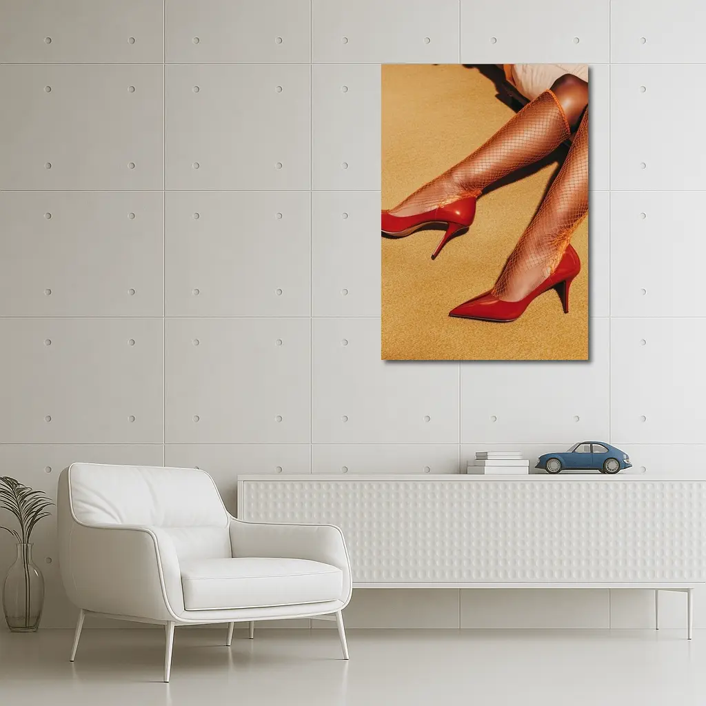 Red Heels Orange Fishnet Stockings Yellow Floor – Wall Art