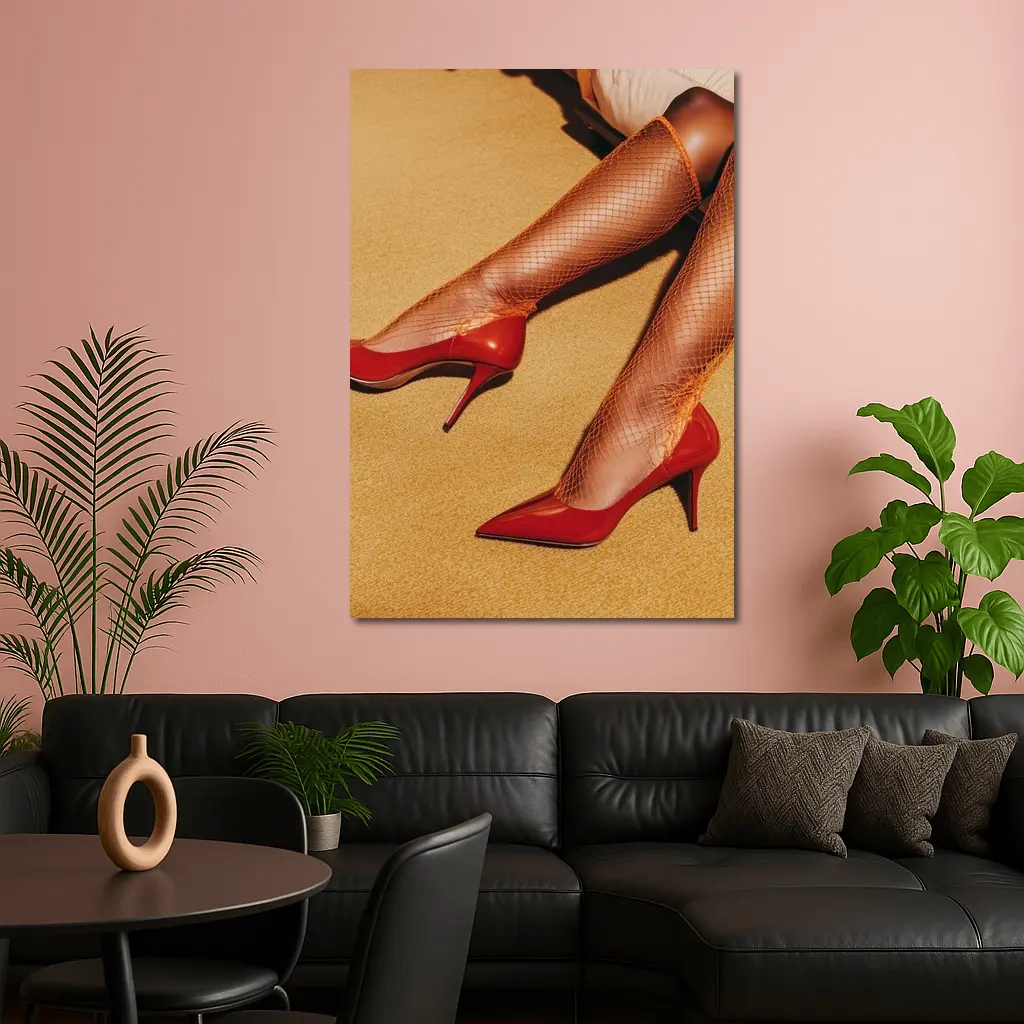 Red Heels Orange Fishnet Stockings Yellow Floor – Wall Art