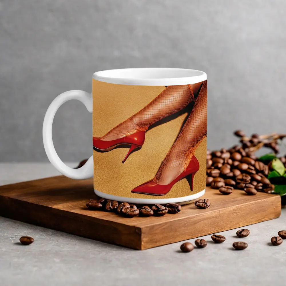Red Heels Orange Fishnet Stockings Yellow Floor – Mugs