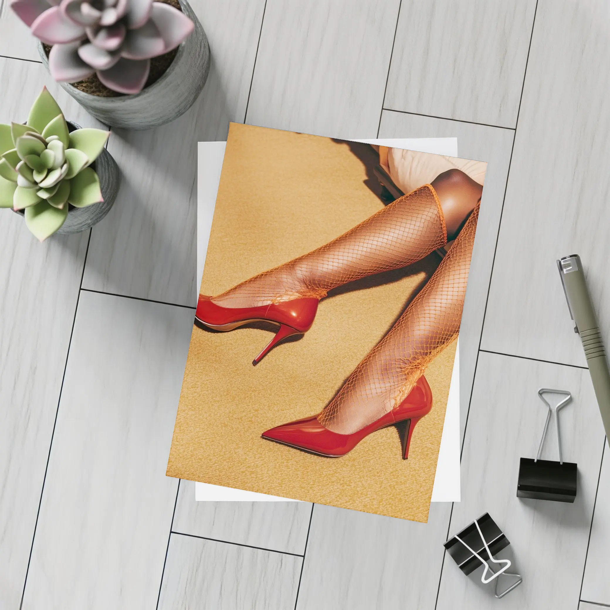 Red Heels Orange Fishnet Stockings Yellow Floor – Postcards