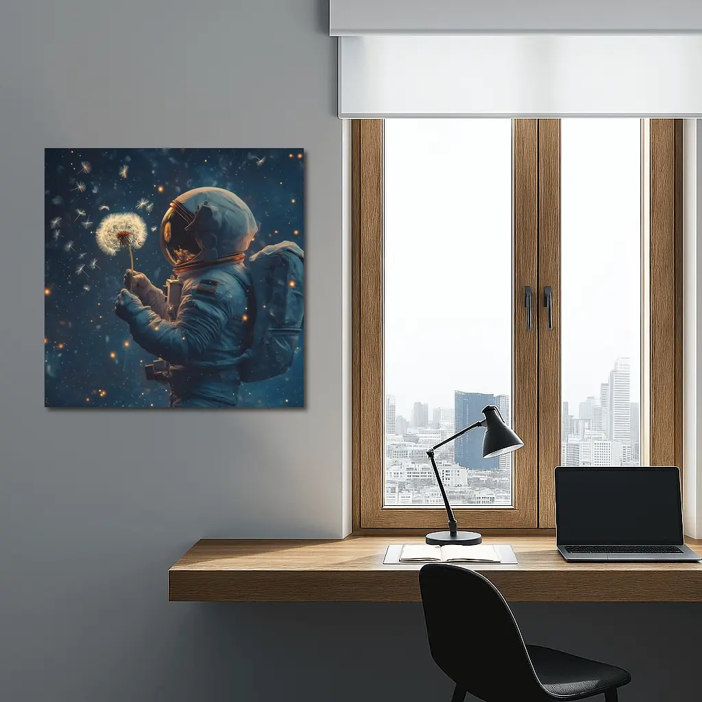 Astronaut Holding Dandelion in Starry Space – Wall Art