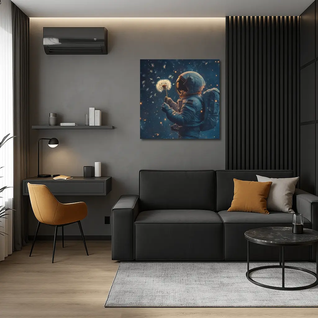 Astronaut Holding Dandelion in Starry Space – Wall Art
