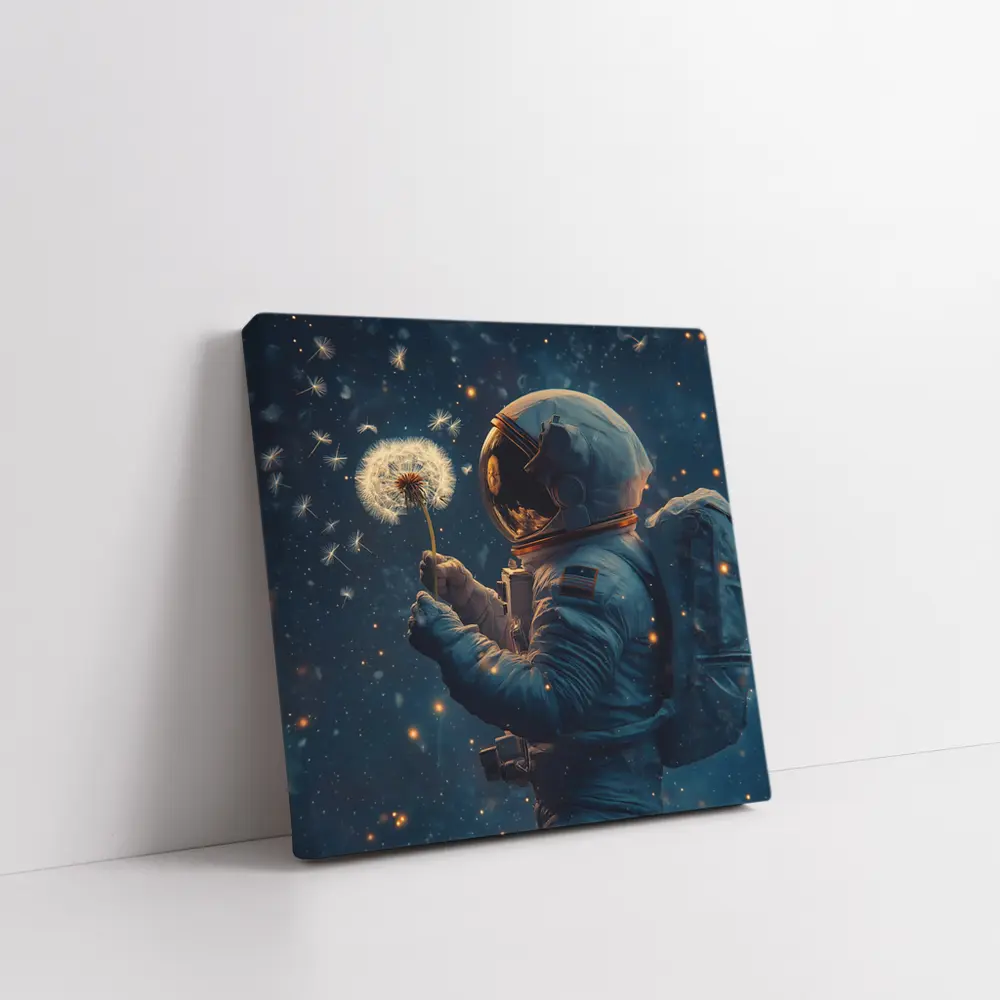 Astronaut Holding Dandelion in Starry Space – Wall Art