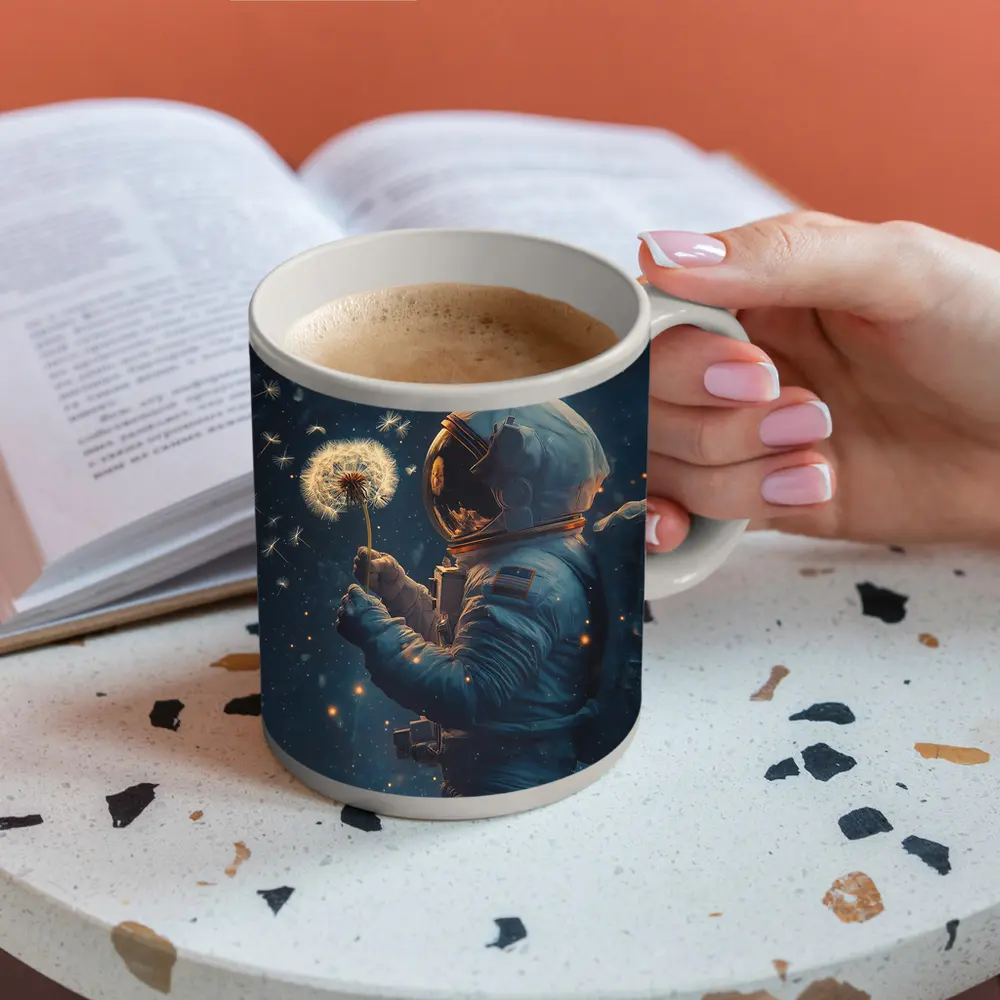 Astronaut Holding Dandelion in Starry Space – Mugs