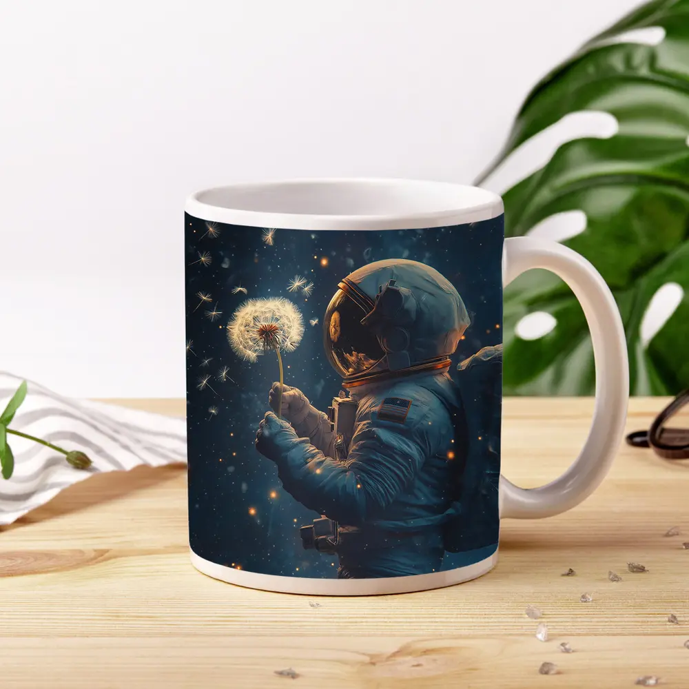 Astronaut Holding Dandelion in Starry Space – Mugs