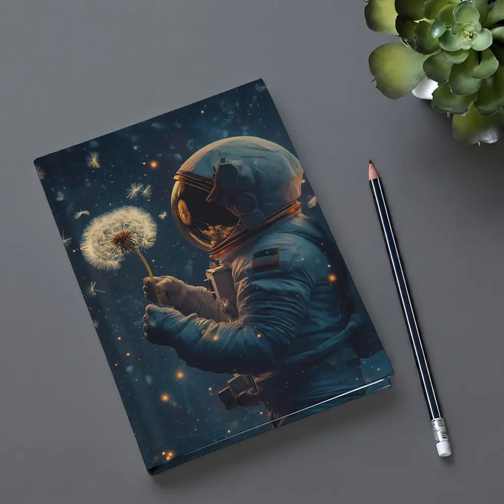 Astronaut Holding Dandelion in Starry Space – Notebooks