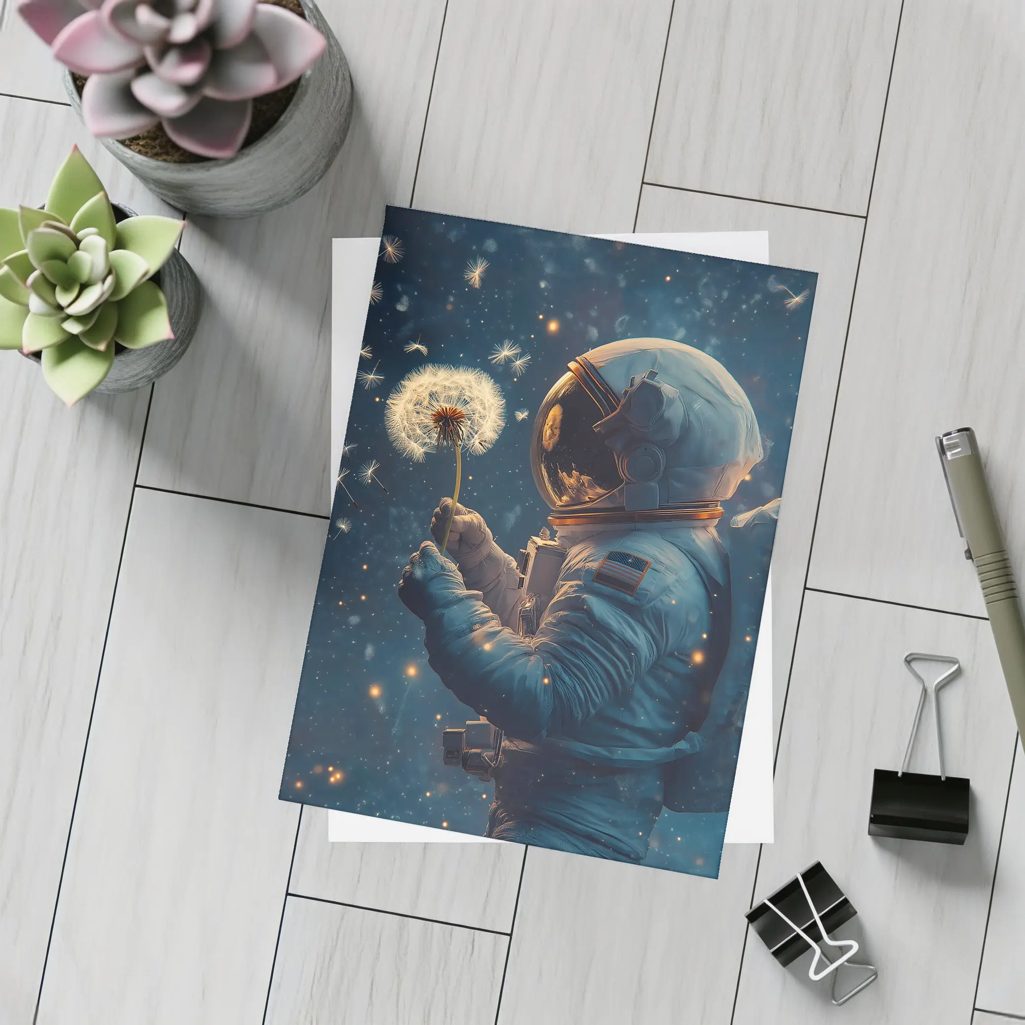 Astronaut Holding Dandelion in Starry Space – Postcards