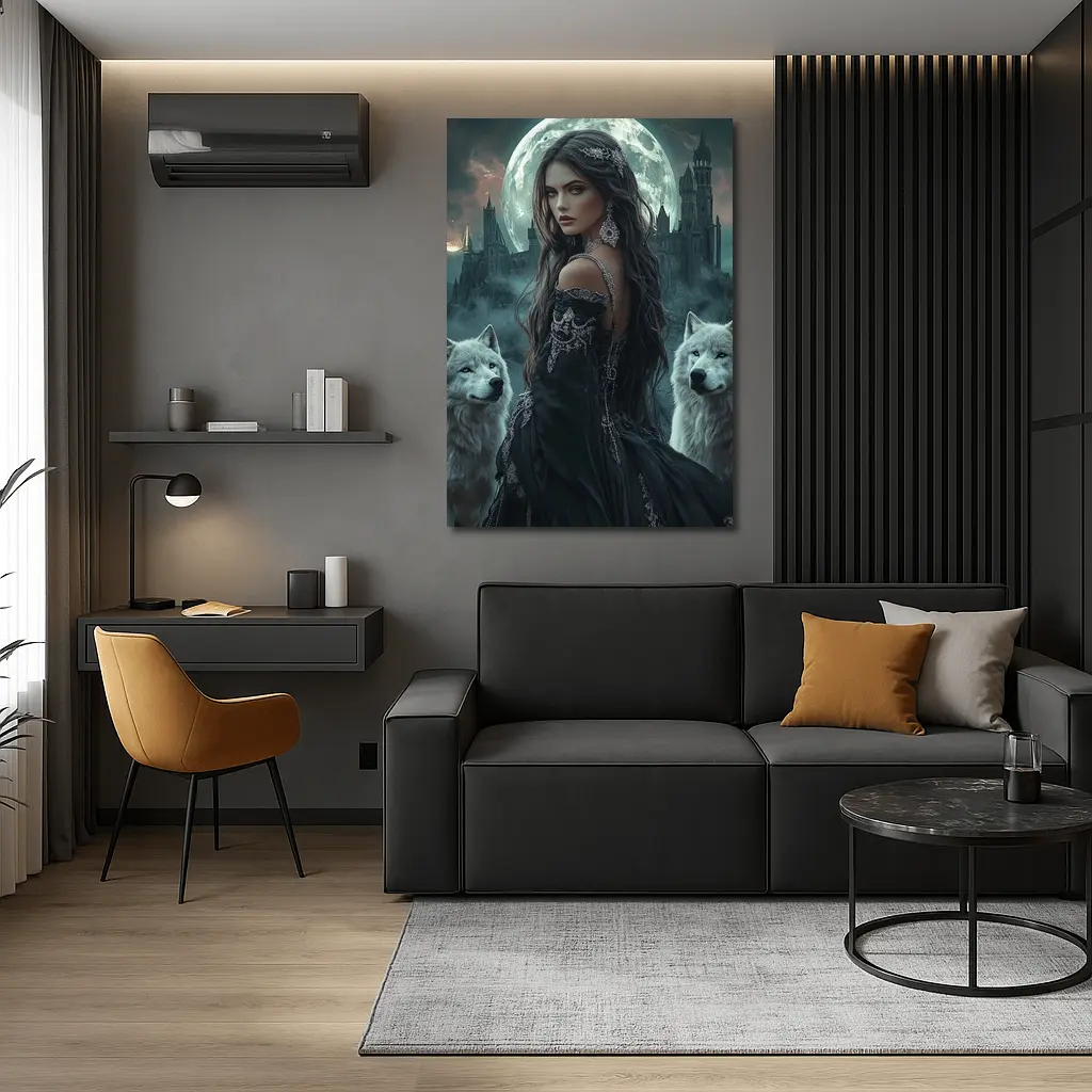 Dark Fantasy Woman White Wolves Full Moon – Wall Art