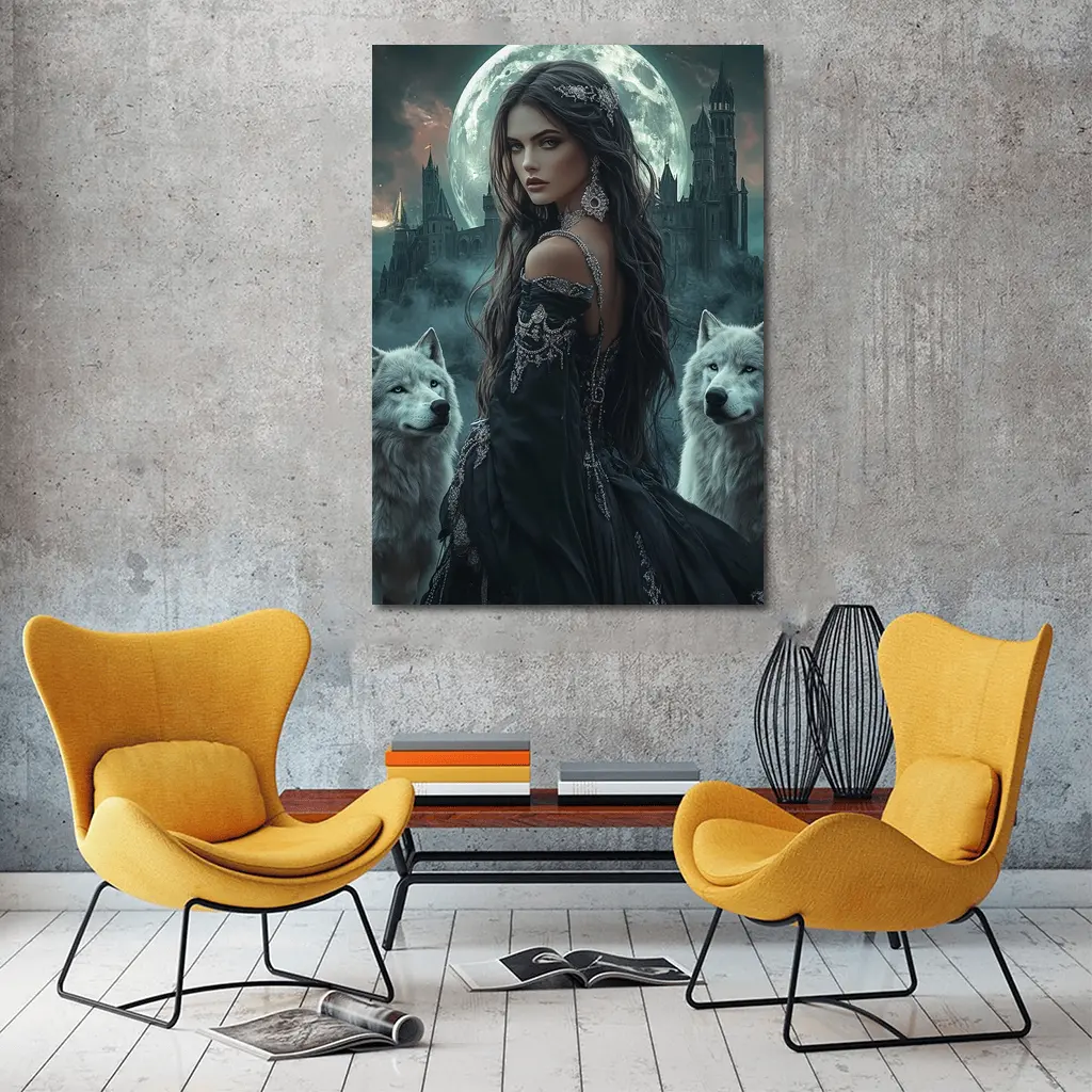 Dark Fantasy Woman White Wolves Full Moon – Wall Art