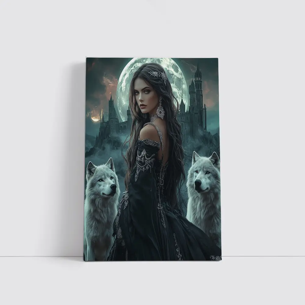 Dark Fantasy Woman White Wolves Full Moon – Wall Art