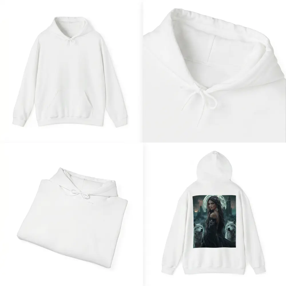 Dark Fantasy Woman White Wolves Full Moon – Hoodies
