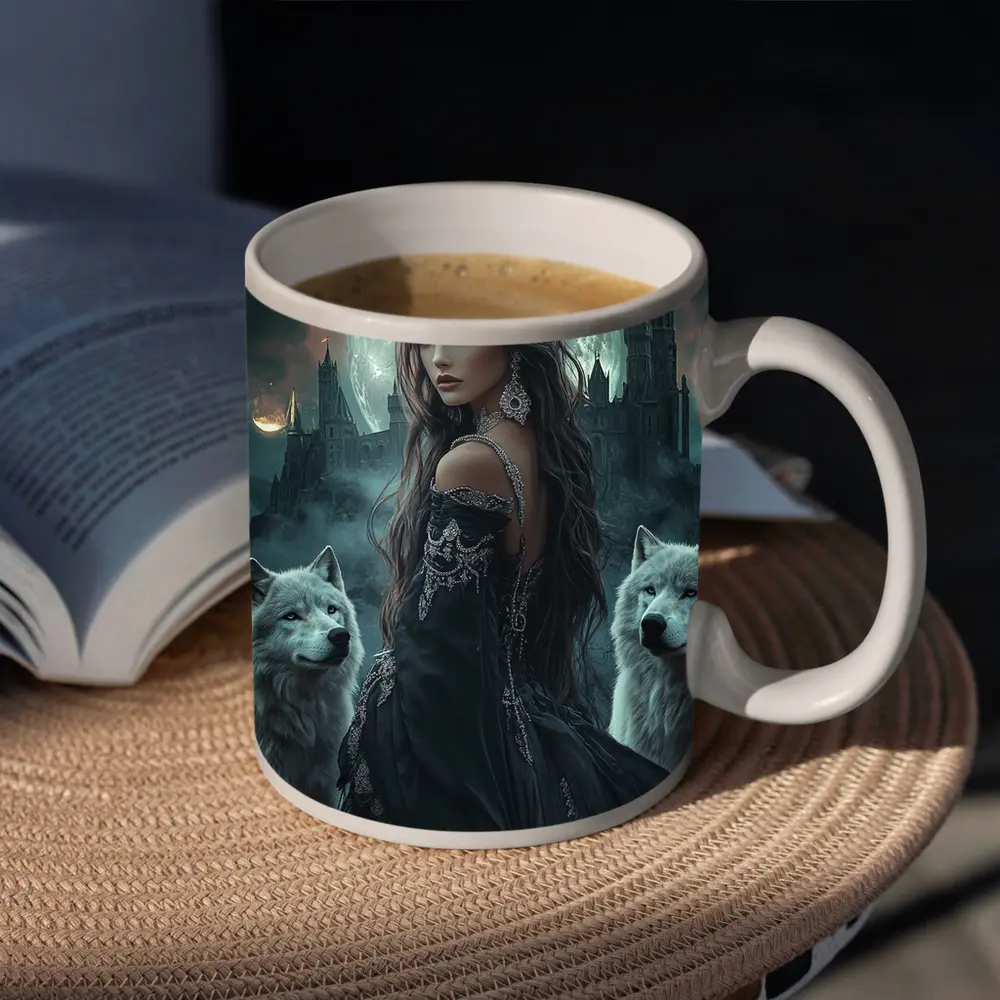 Dark Fantasy Woman White Wolves Full Moon – Mugs