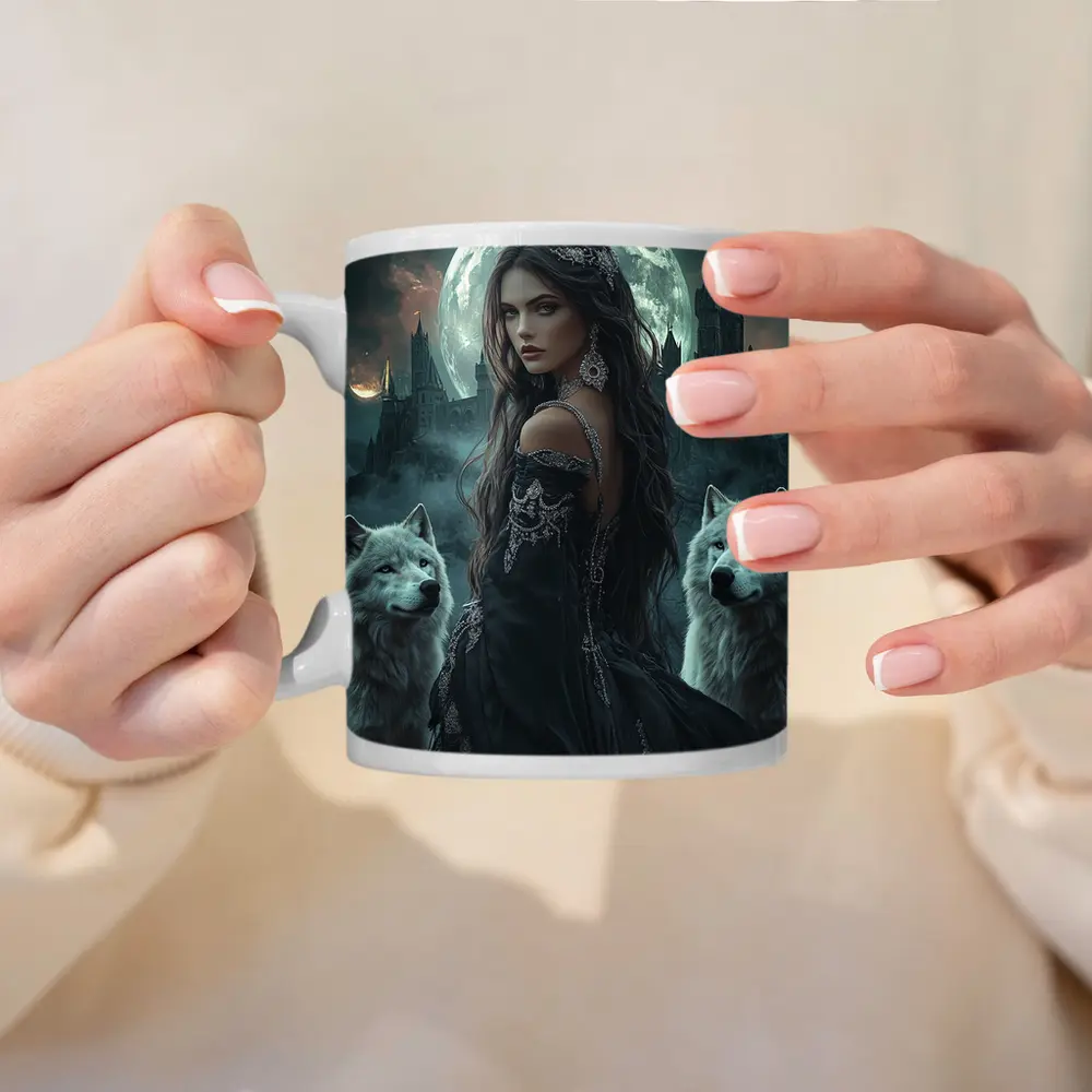 Dark Fantasy Woman White Wolves Full Moon – Mugs