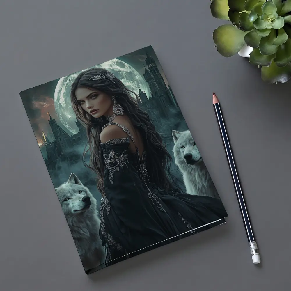 Dark Fantasy Woman White Wolves Full Moon – Notebooks