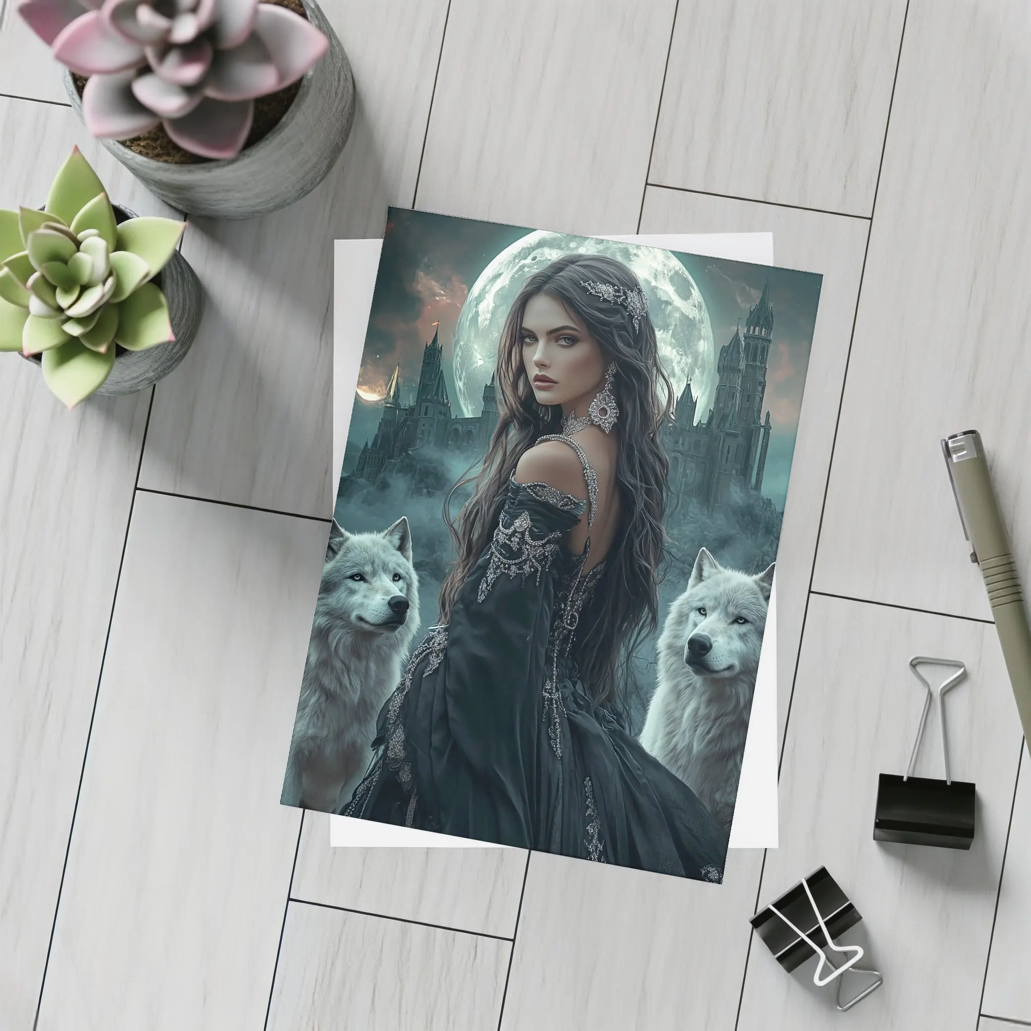 Dark Fantasy Woman White Wolves Full Moon – Postcards