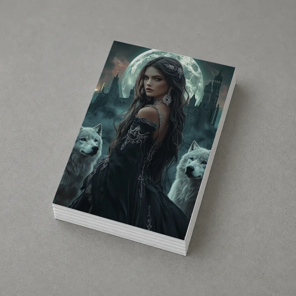 Dark Fantasy Woman White Wolves Full Moon – Postcards