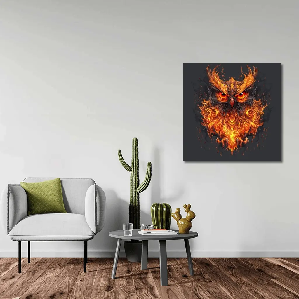 Fiery Owl With Burning Flames Dark Background – Wall Art