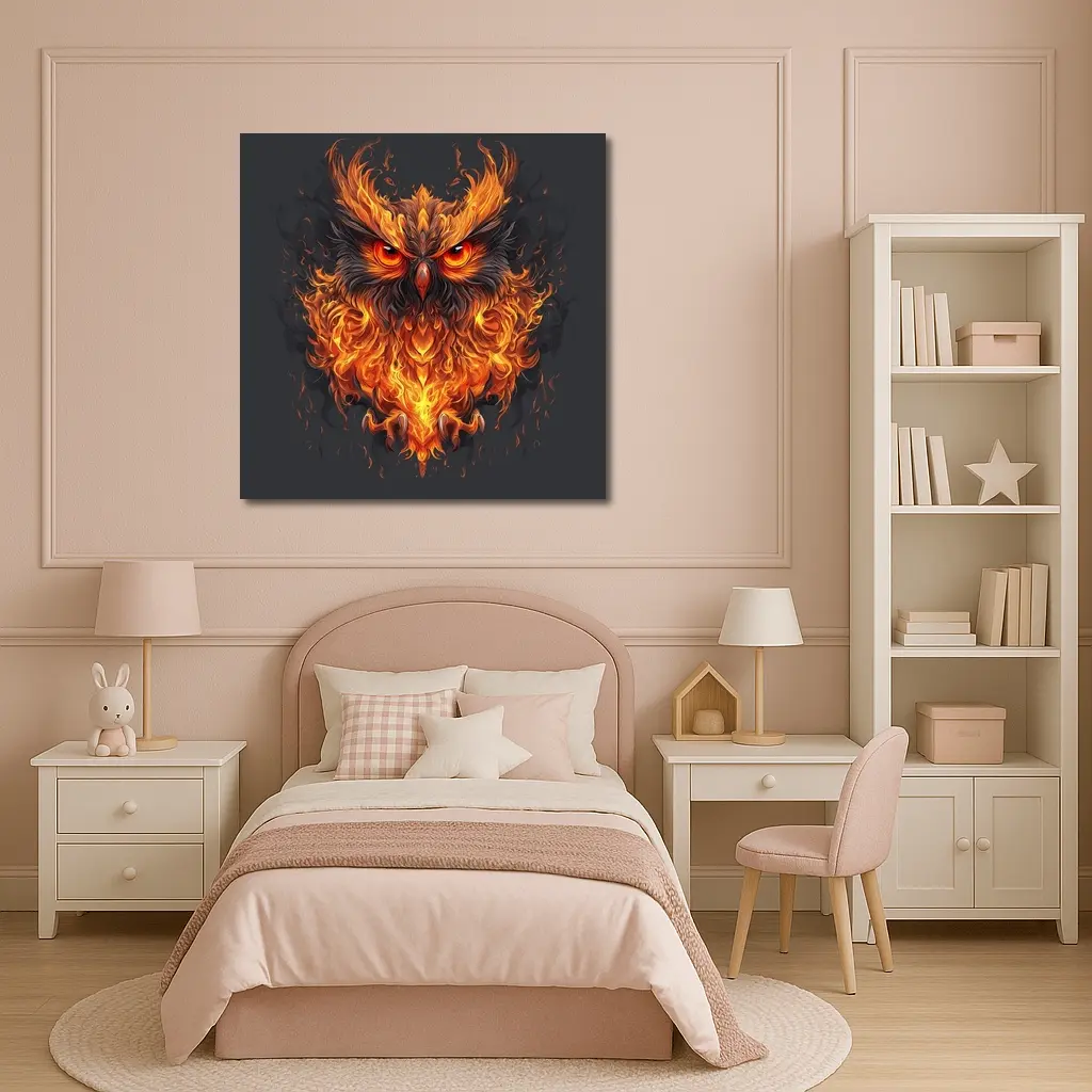 Fiery Owl With Burning Flames Dark Background – Wall Art
