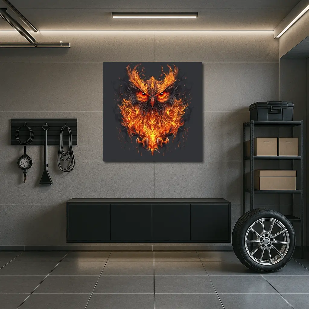 Fiery Owl With Burning Flames Dark Background – Wall Art