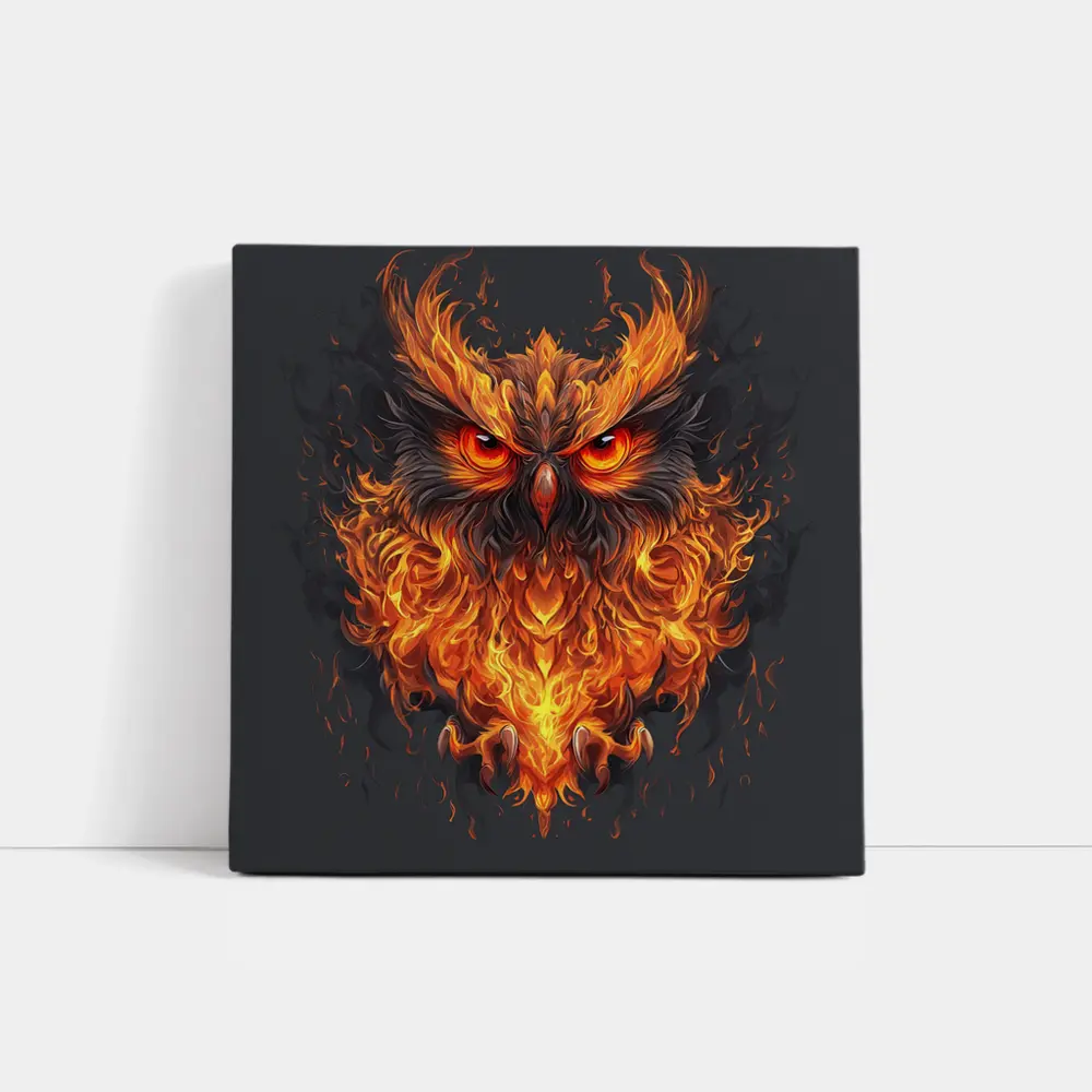 Fiery Owl With Burning Flames Dark Background – Wall Art