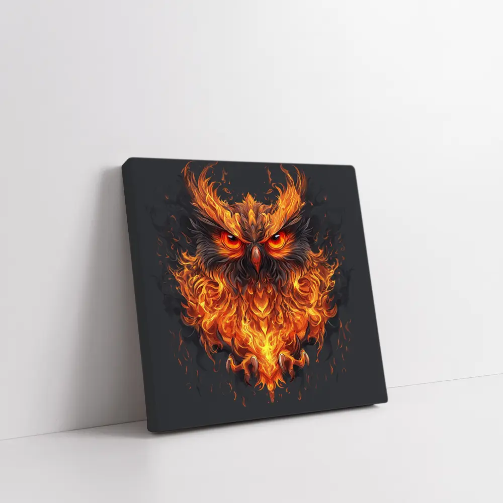 Fiery Owl With Burning Flames Dark Background – Wall Art