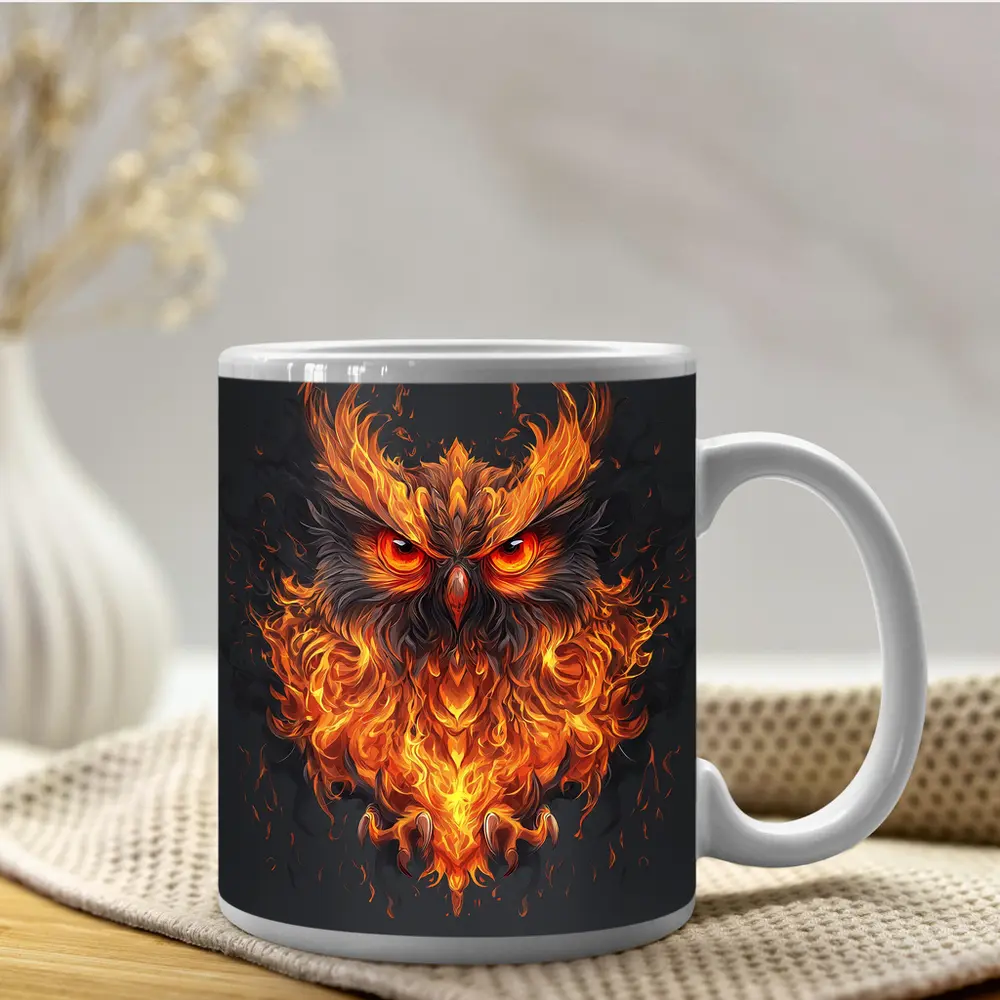 Fiery Owl With Burning Flames Dark Background – Mugs