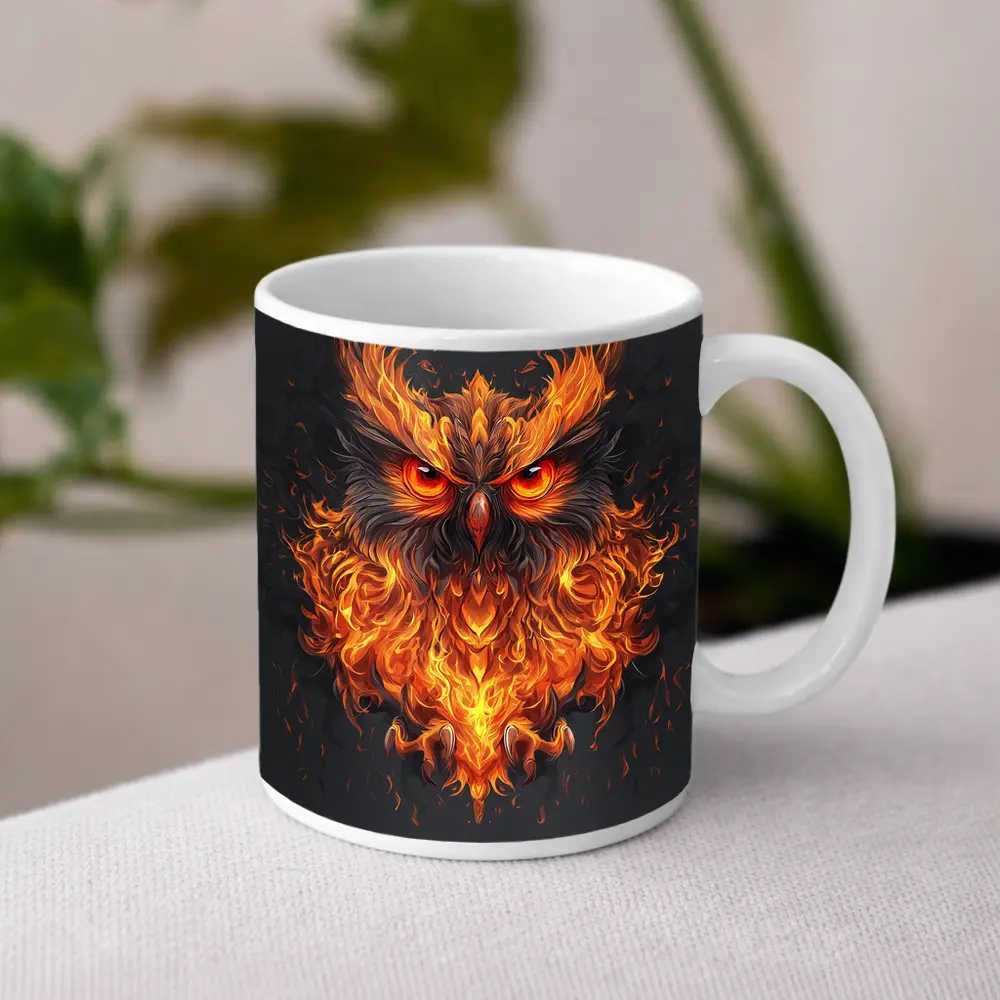 Fiery Owl With Burning Flames Dark Background – Mugs