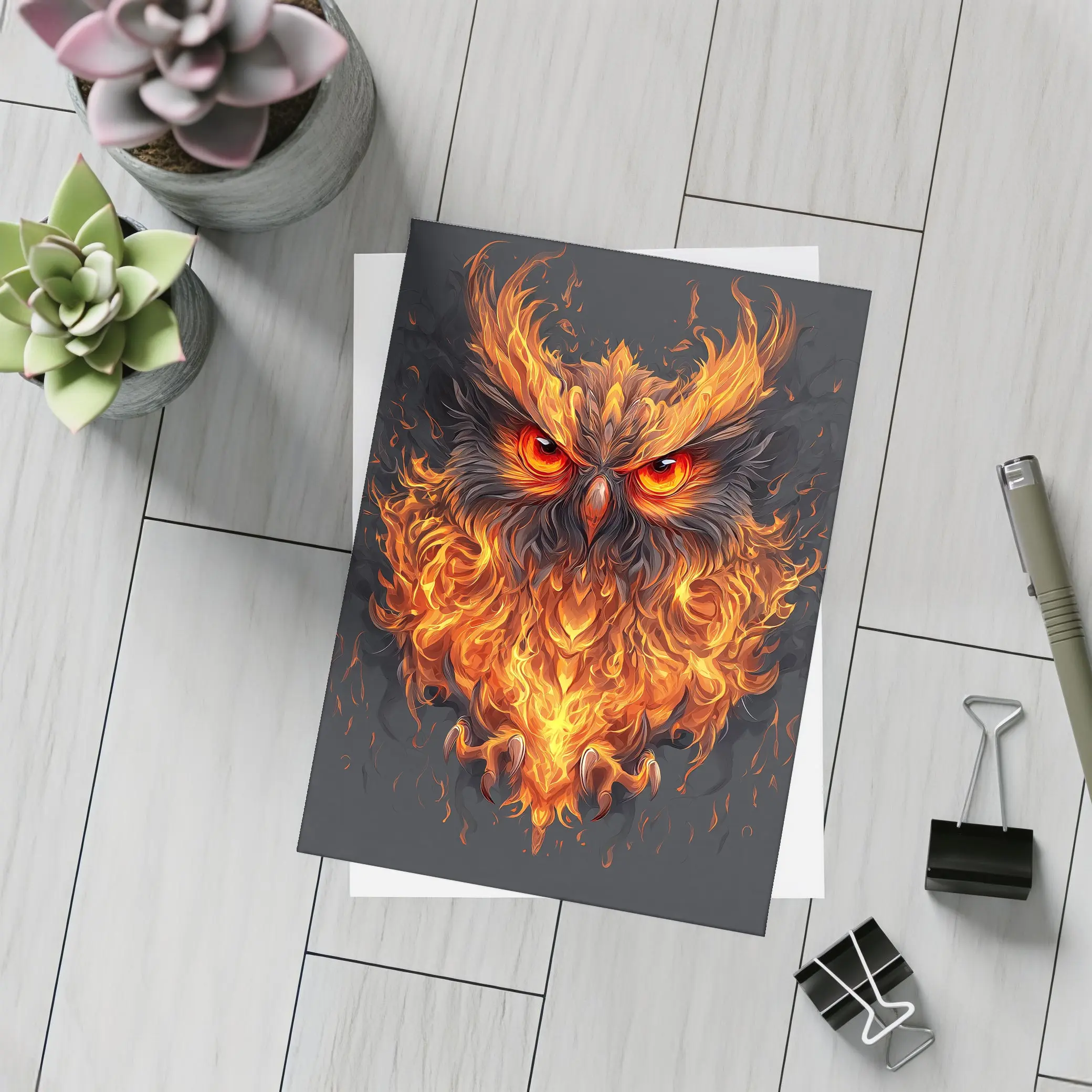 Fiery Owl With Burning Flames Dark Background – Postcards
