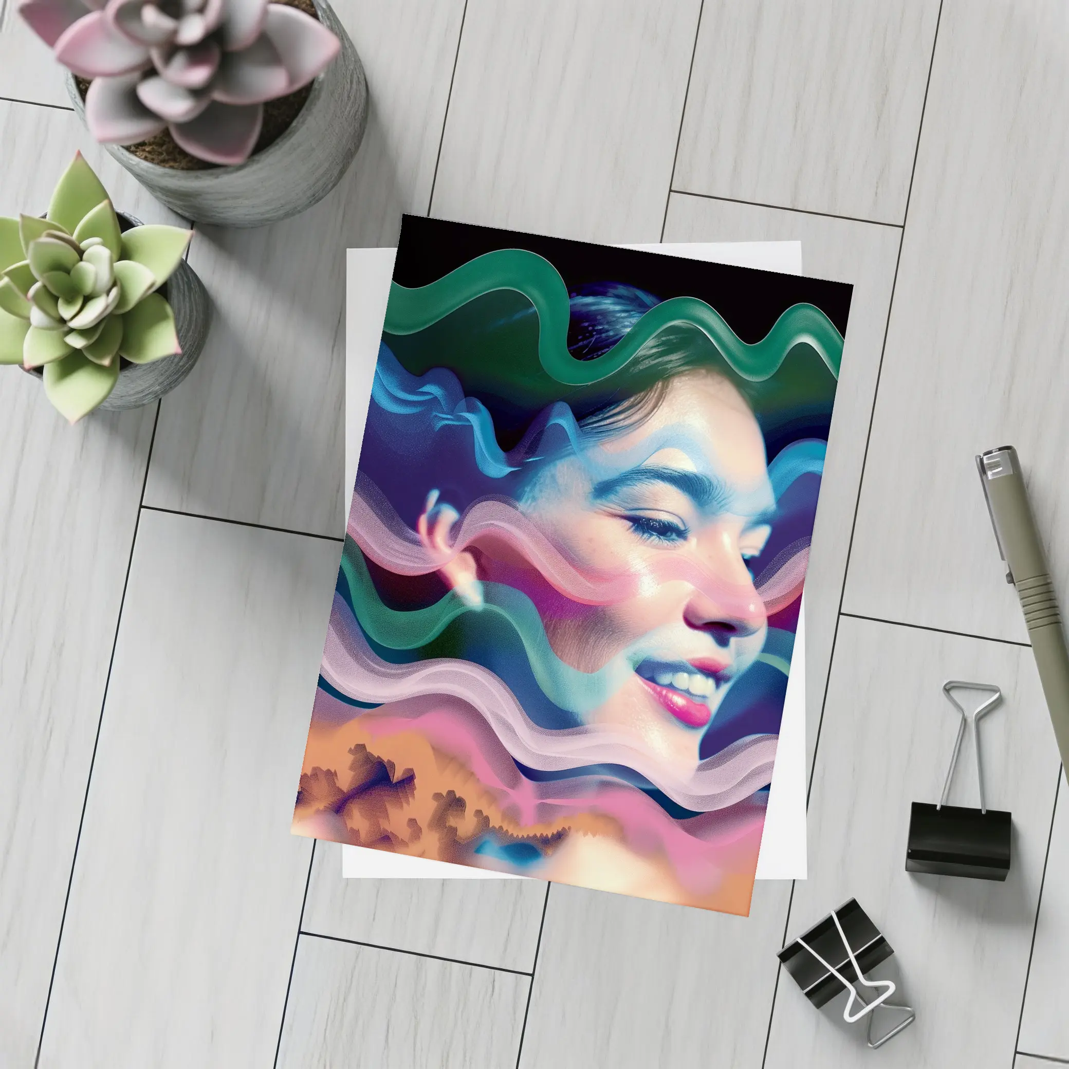 Woman Face Surreal Colorful Wave Art – Postcards