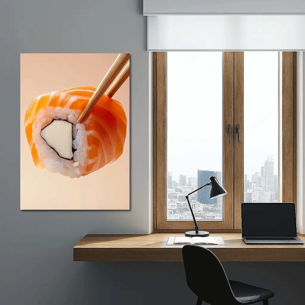 Salmon Sushi Roll Held With Chopsticks – Wall Art