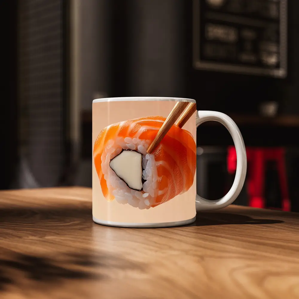 Salmon Sushi Roll Held With Chopsticks – Mugs