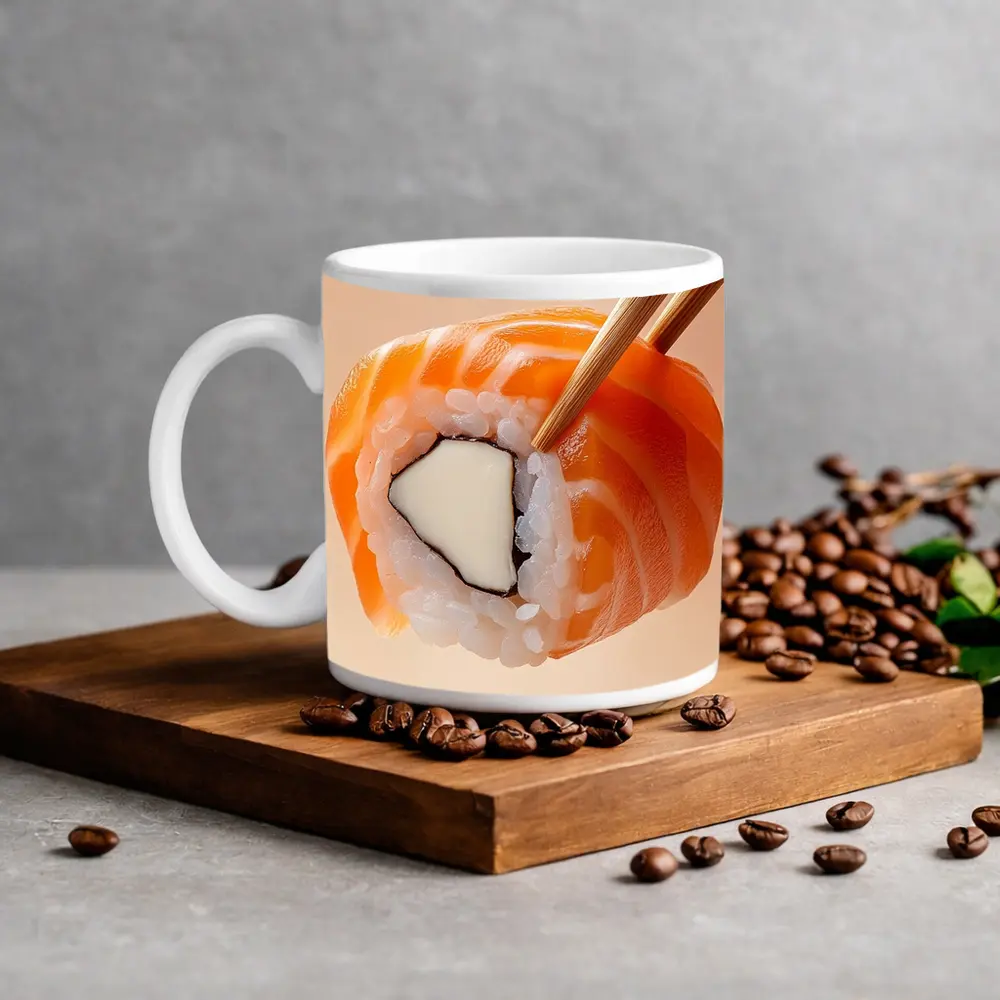 Salmon Sushi Roll Held With Chopsticks – Mugs