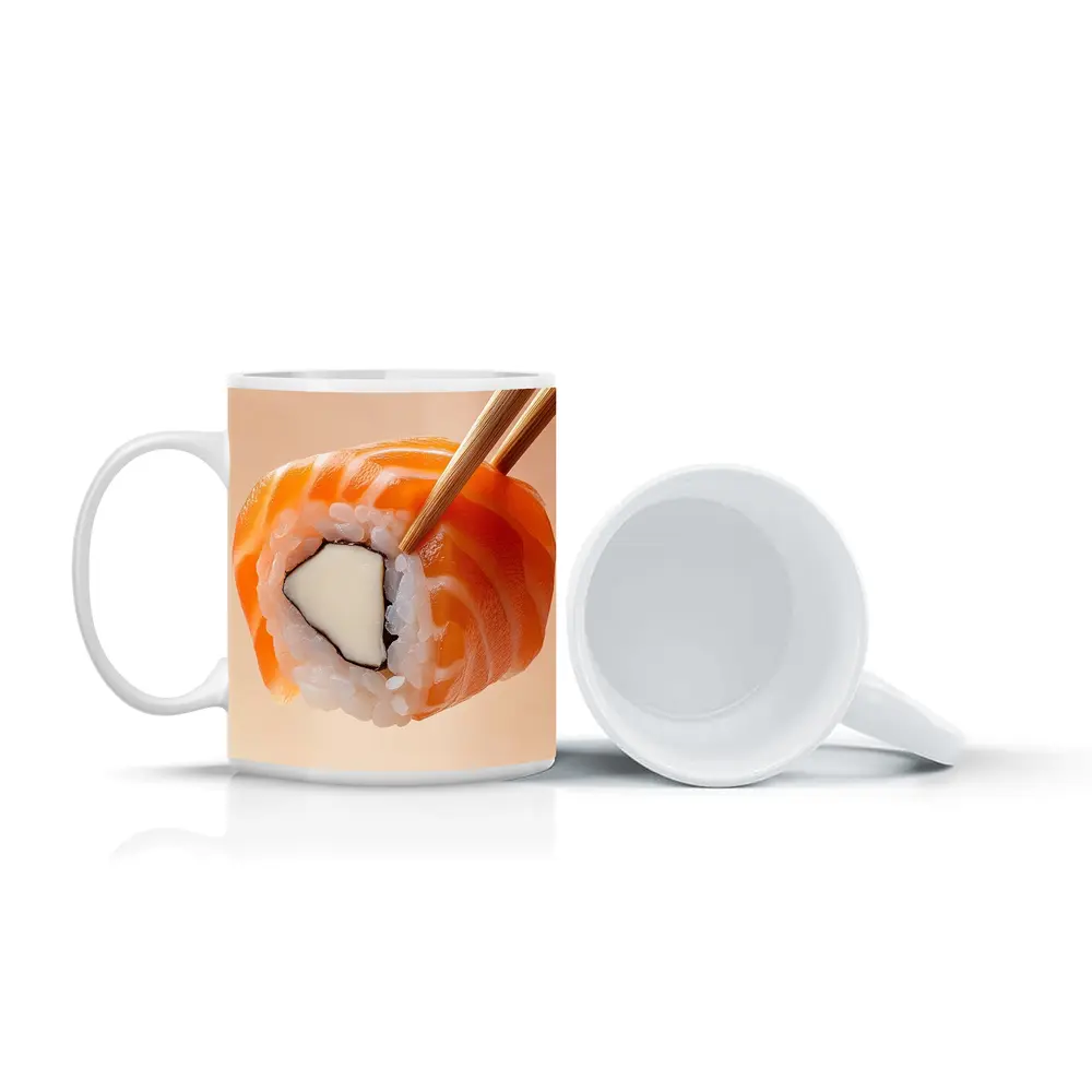 Salmon Sushi Roll Held With Chopsticks – Mugs