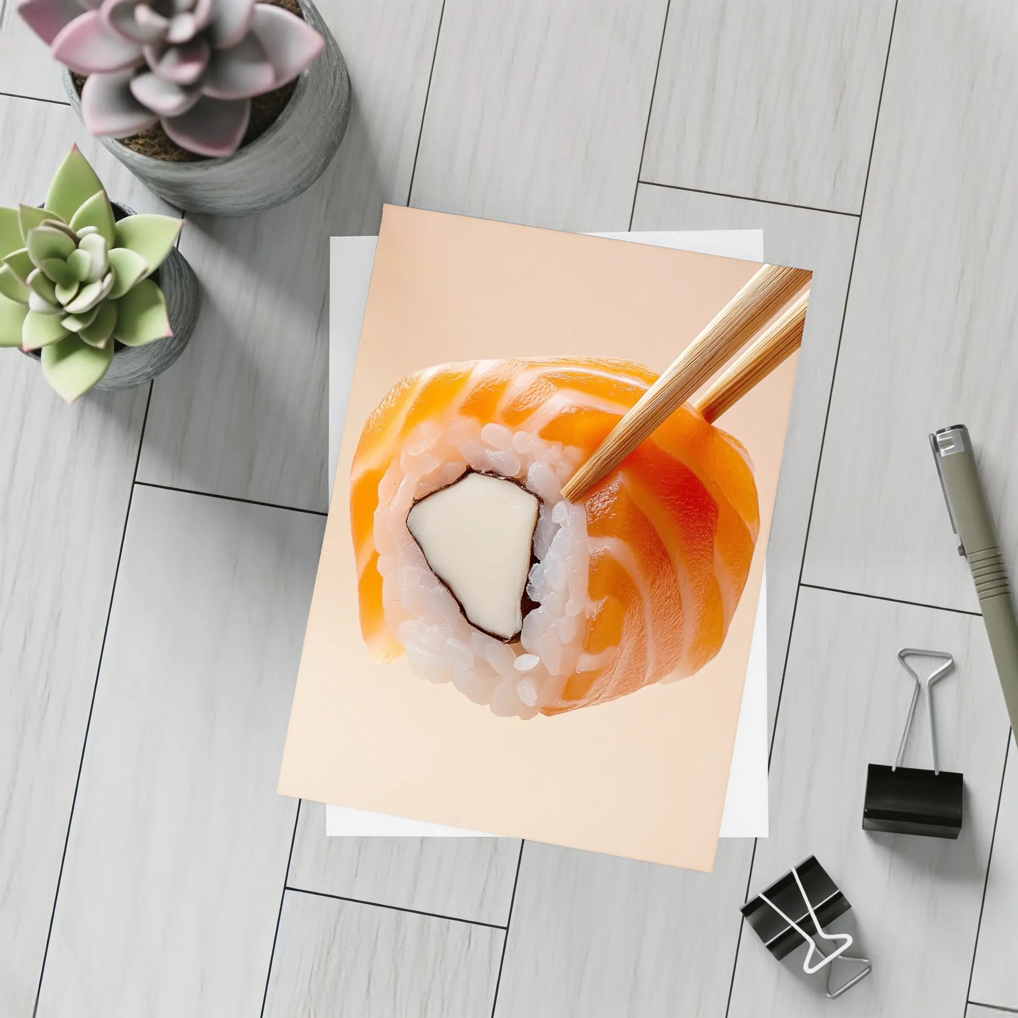 Salmon Sushi Roll Held With Chopsticks – Postcards