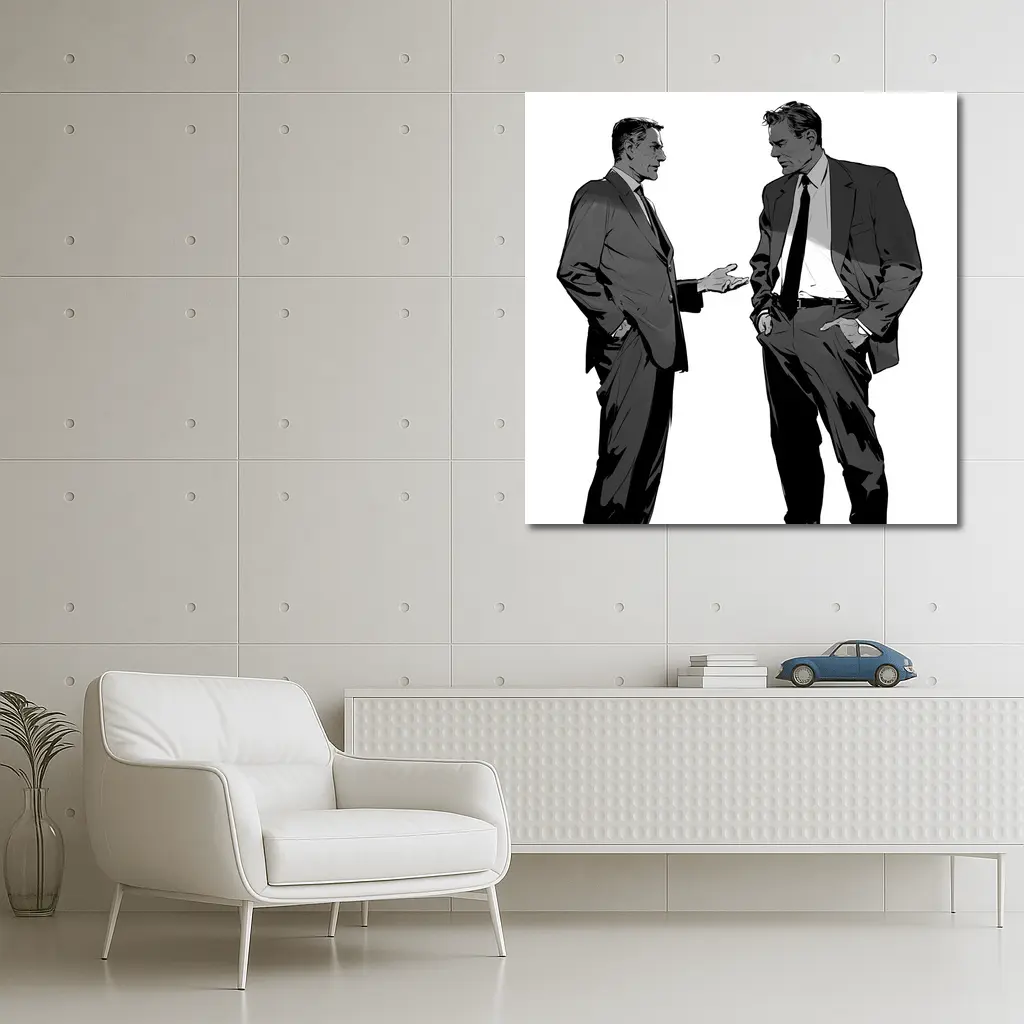 Two Businessmen Talking Grayscale Illustration Art – Wall Art