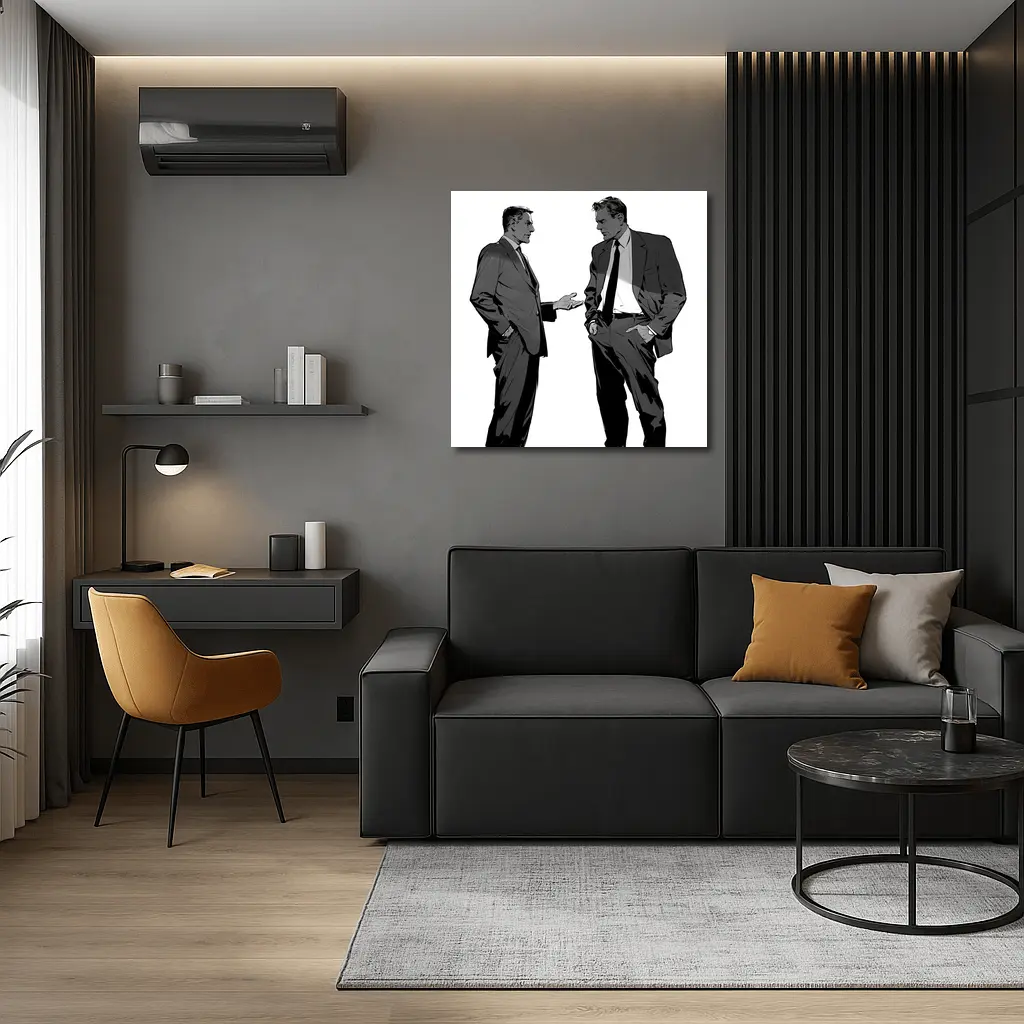 Two Businessmen Talking Grayscale Illustration Art – Wall Art