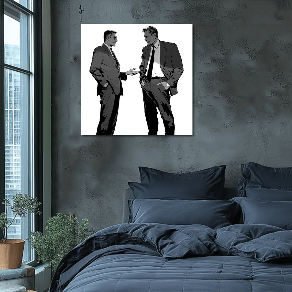 Two Businessmen Talking Grayscale Illustration Art – Wall Art