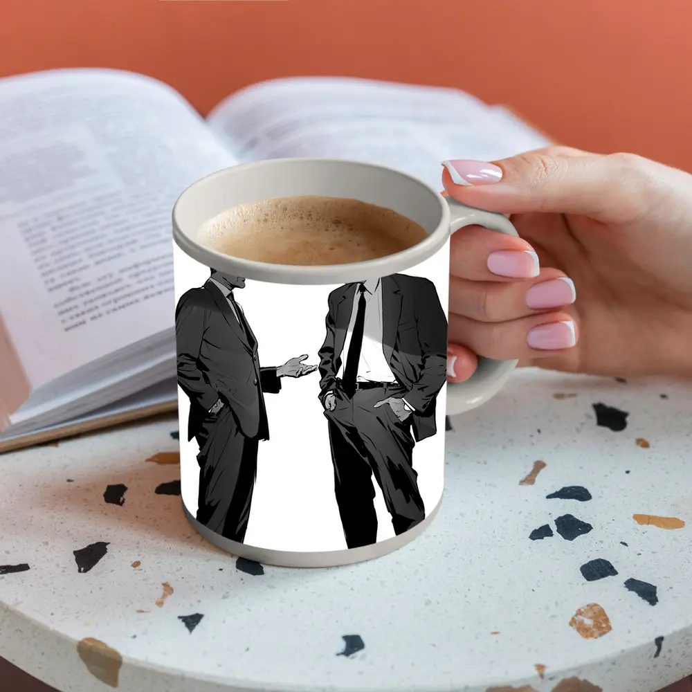 Two Businessmen Talking Grayscale Illustration Art – Mugs
